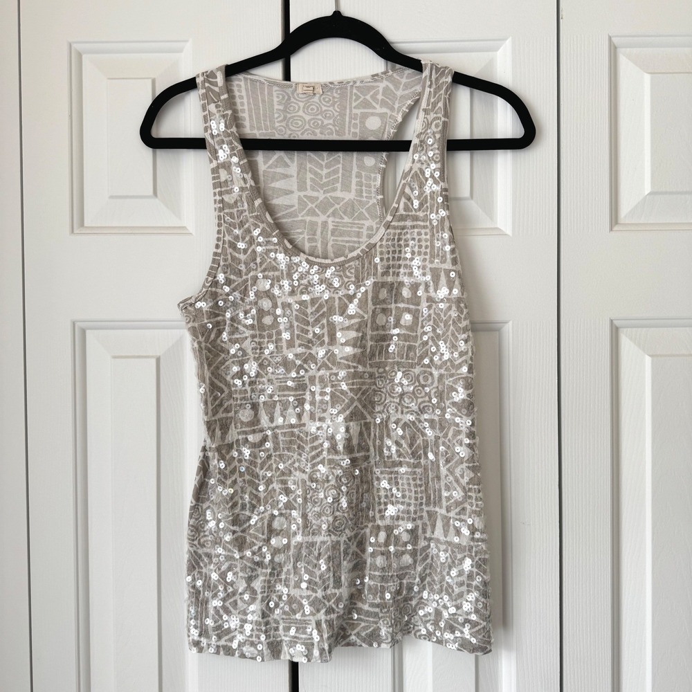 J. Crew Geometric Tribal Print Sequin Racerback Tank Top Beige Silver Small